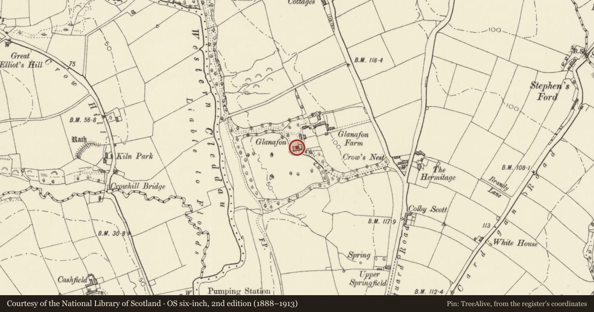 Ordnance Survey six-inch map, 2nd edition (1888–1913) covering the location of Glanafon, Haverfordwest, Pembrokeshire, with a pin at the register's coordinates
