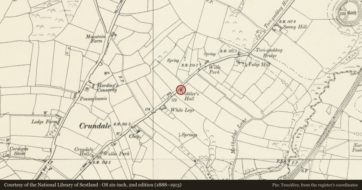 Ordnance Survey six-inch map, 2nd edition (1888–1913) covering the location of Fiddler's Hall, Rudbaxton, Pembrokeshire, with a pin at the register's coordinates