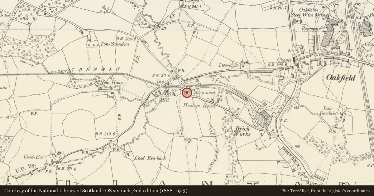 Ordnance Survey six-inch map, 2nd edition (1888–1913) covering the location of Glan-y-nant Farm, Cwmbran Central, Torfaen, with a pin at the register's coordinates
