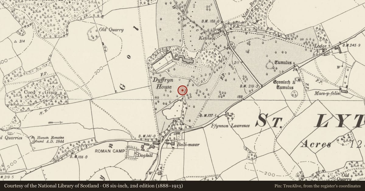 Ordnance Survey six-inch map, 2nd edition (1888–1913) covering the location of Fountain to South of Dyffryn House(partly in St Nicholas and Bonvilston Community), Wenvoe, Vale of Glamorgan, with a pin at the register's coordinates