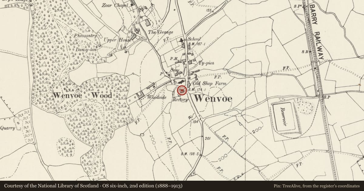 Ordnance Survey six-inch map, 2nd edition (1888–1913) covering the location of The Old Rectory, Wenvoe, Vale of Glamorgan, with a pin at the register's coordinates