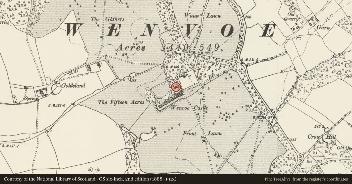 Ordnance Survey six-inch map, 2nd edition (1888–1913) covering the location of Former coach-house and stables at Wenvoe Castle, Vale of Glamorgan, with a pin at the register's coordinates