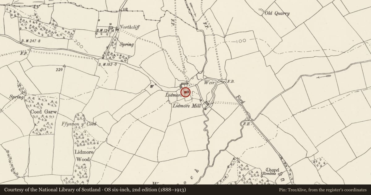 Ordnance Survey six-inch map, 2nd edition (1888–1913) covering the location of Lidmore Farmhouse, Wenvoe, Vale of Glamorgan, with a pin at the register's coordinates