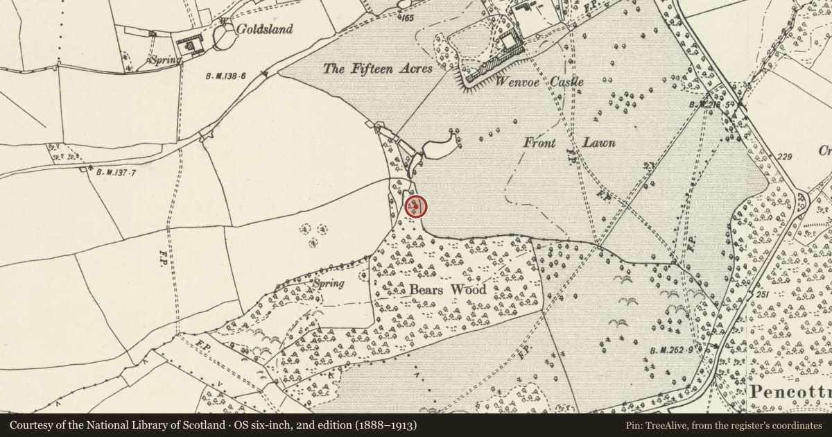 Ordnance Survey six-inch map, 2nd edition (1888–1913) covering the location of Grotto in Wenvoe Castle Park, Barry, Vale of Glamorgan, with a pin at the register's coordinates