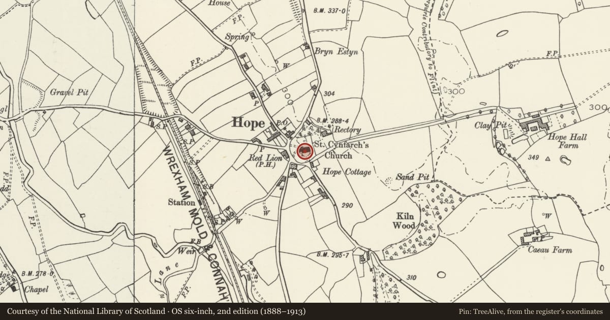 Ordnance Survey six-inch map, 2nd edition (1888–1913) covering the location of Church of St Cyngar, Hope, Flintshire, with a pin at the register's coordinates
