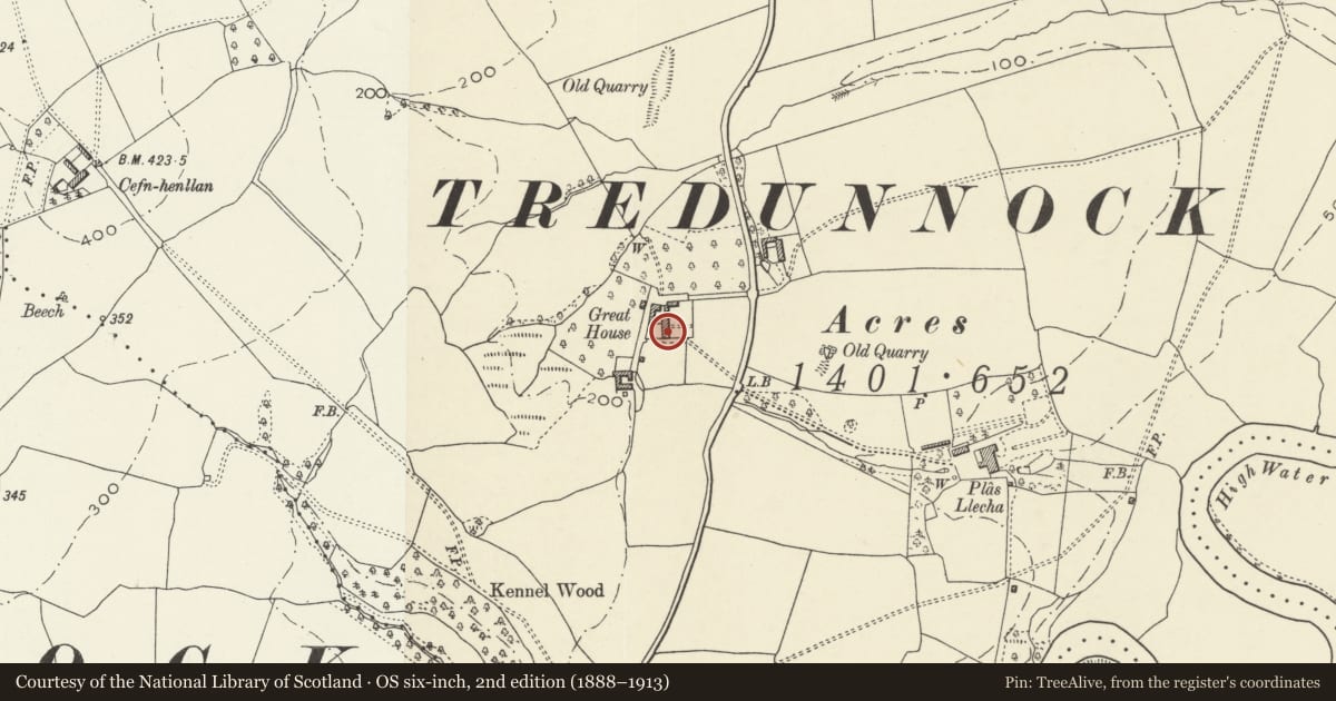Ordnance Survey six-inch map, 2nd edition (1888–1913) covering the location of Great House, Llangybi, Monmouthshire, with a pin at the register's coordinates