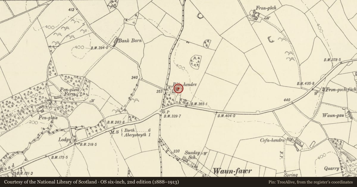 Ordnance Survey six-inch map, 2nd edition (1888–1913) covering the location of Coach-house and stable at Plashendre, Faenor, Ceredigion, with a pin at the register's coordinates