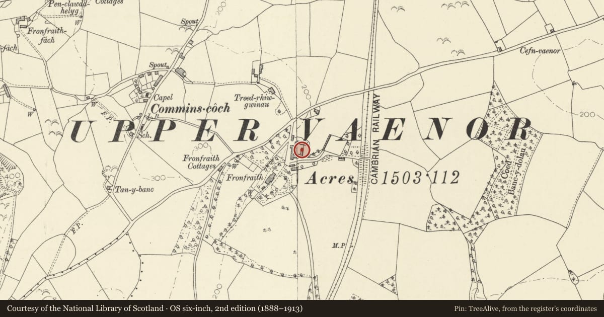Ordnance Survey six-inch map, 2nd edition (1888–1913) covering the location of Farm buildings at Fronfraith Farm, Faenor, Ceredigion, with a pin at the register's coordinates