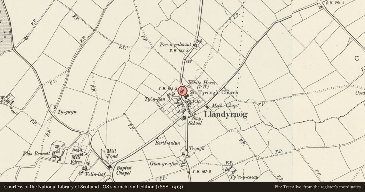 Ordnance Survey six-inch map, 2nd edition (1888–1913) covering the location of Lychgate of St Tyrnog, Llandyrnog, Denbighshire, with a pin at the register's coordinates