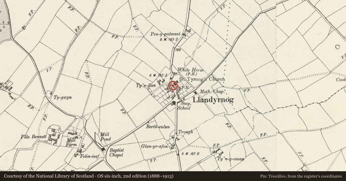 Ordnance Survey six-inch map, 2nd edition (1888–1913) covering the location of War Memorial, Llandyrnog, Denbighshire, with a pin at the register's coordinates