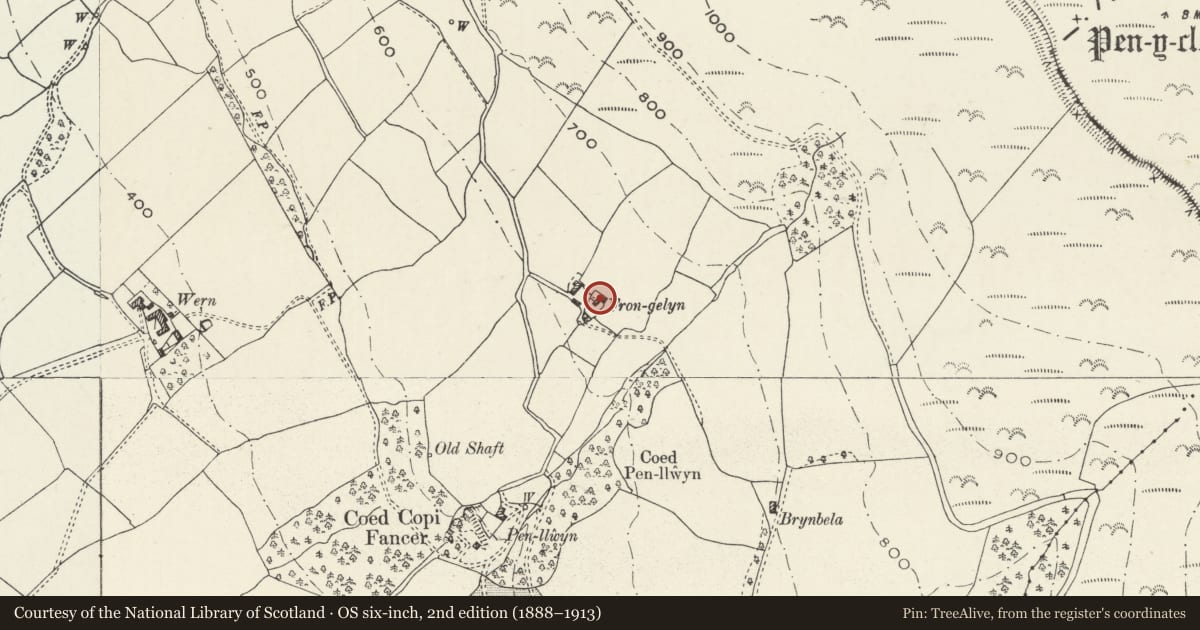 Ordnance Survey six-inch map, 2nd edition (1888–1913) covering the location of Fron-gelyn Farmhouse, Llandyrnog, Denbighshire, with a pin at the register's coordinates