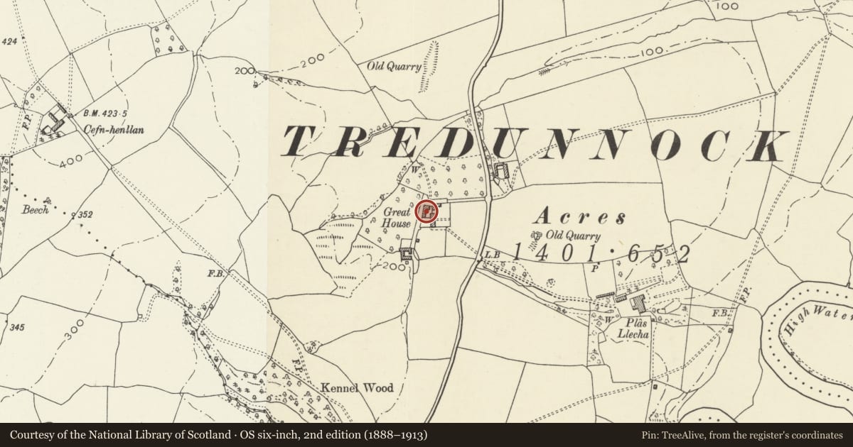 Ordnance Survey six-inch map, 2nd edition (1888–1913) covering the location of Combination Farmbuilding to north of Great House, Llangybi, Monmouthshire, with a pin at the register's coordinates