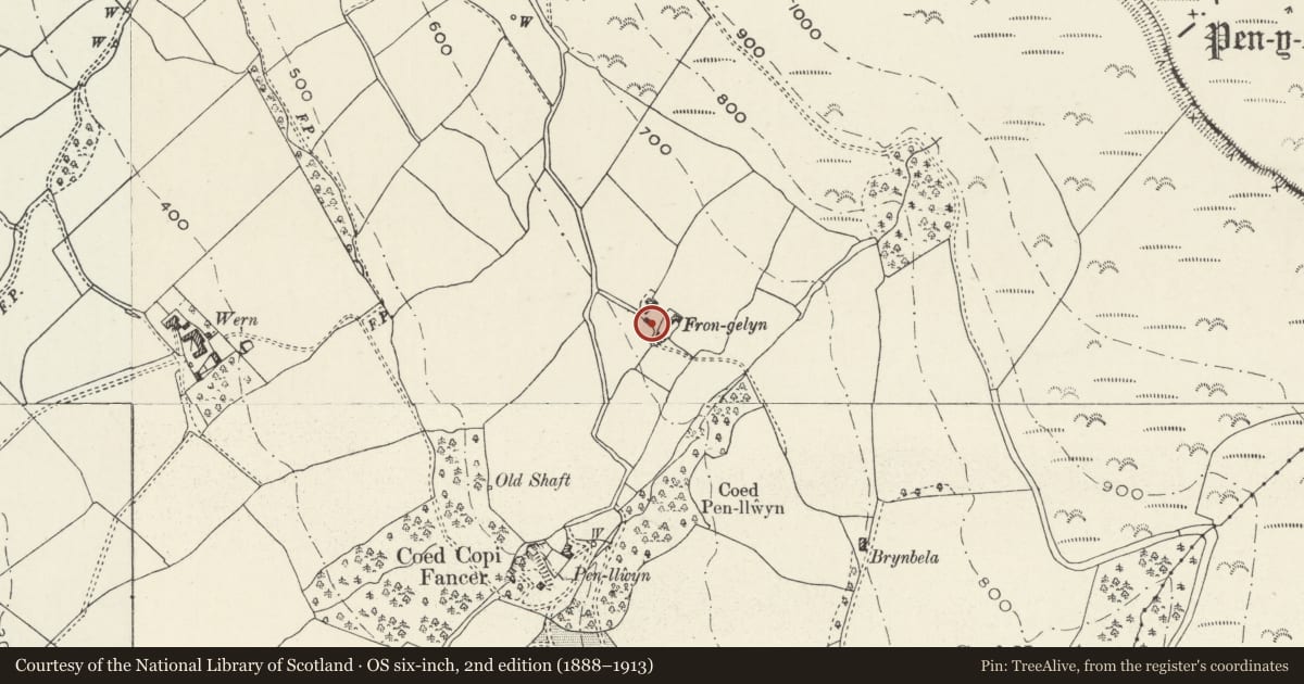 Ordnance Survey six-inch map, 2nd edition (1888–1913) covering the location of Shippon and Stable at Fron-gelyn, Llandyrnog, Denbighshire, with a pin at the register's coordinates