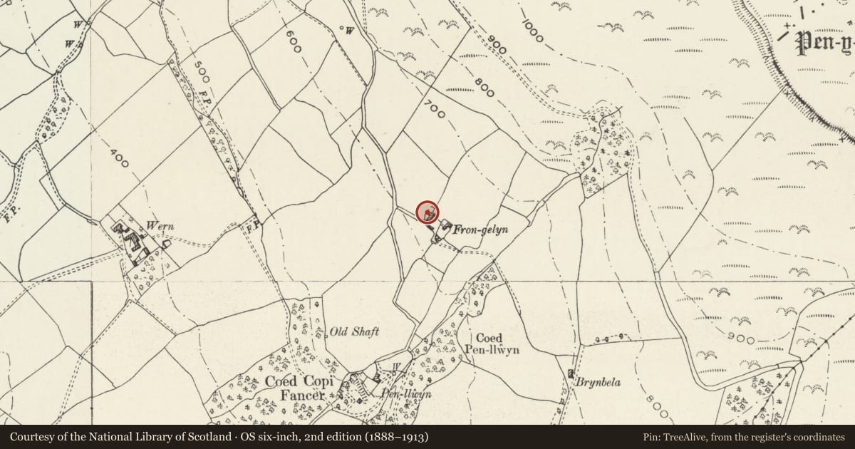 Ordnance Survey six-inch map, 2nd edition (1888–1913) covering the location of Fron-gelyn Barn, Llandyrnog, Denbighshire, with a pin at the register's coordinates