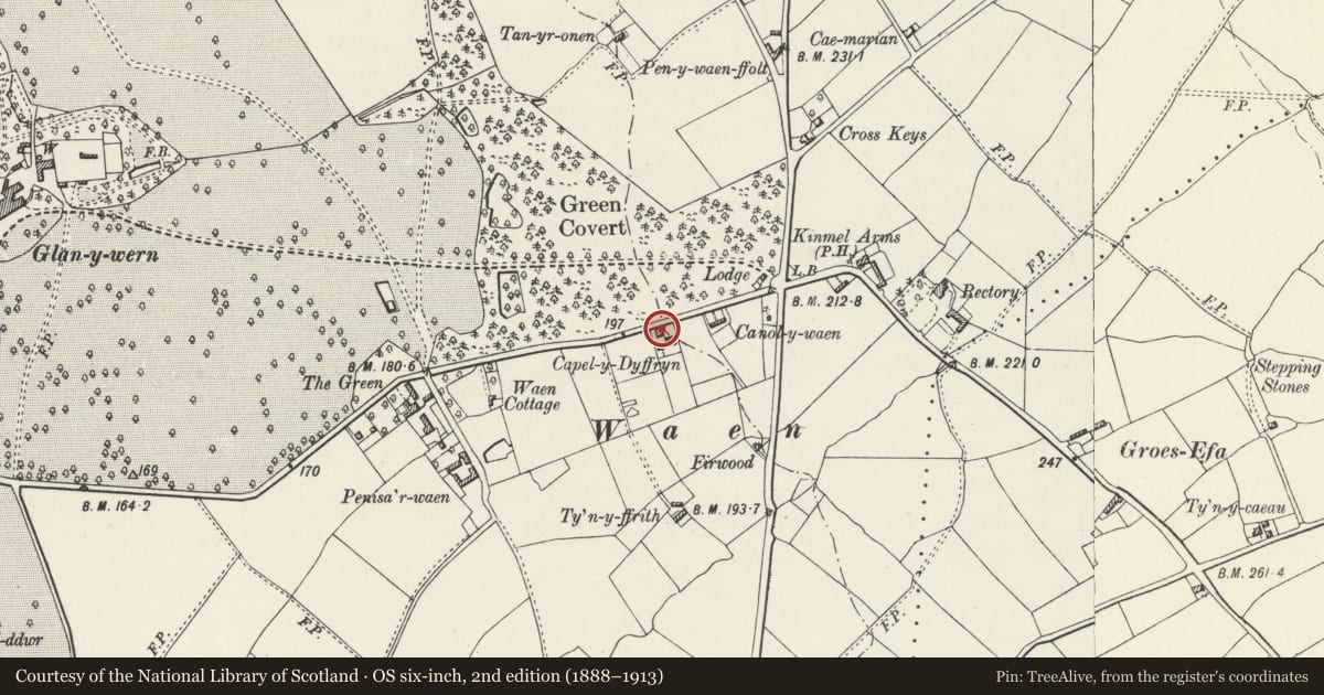 Ordnance Survey six-inch map, 2nd edition (1888–1913) covering the location of Ty Capel y Dyffryn, Llandyrnog, Denbighshire, with a pin at the register's coordinates