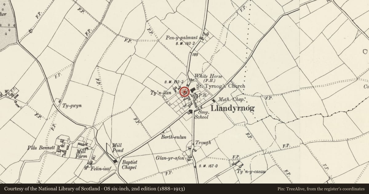 Ordnance Survey six-inch map, 2nd edition (1888–1913) covering the location of Nos 4 and 5 Church Square, Llandyrnog, Denbighshire, with a pin at the register's coordinates