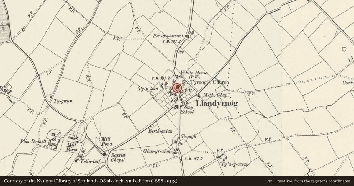Ordnance Survey six-inch map, 2nd edition (1888–1913) covering the location of Sundial in St Tyrnog's Churchyard, Llandyrnog, Denbighshire, with a pin at the register's coordinates