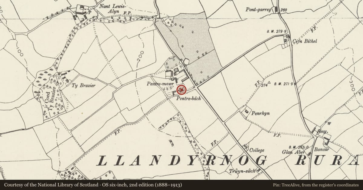 Ordnance Survey six-inch map, 2nd edition (1888–1913) covering the location of Pentre-bach, Llandyrnog, Denbighshire, with a pin at the register's coordinates