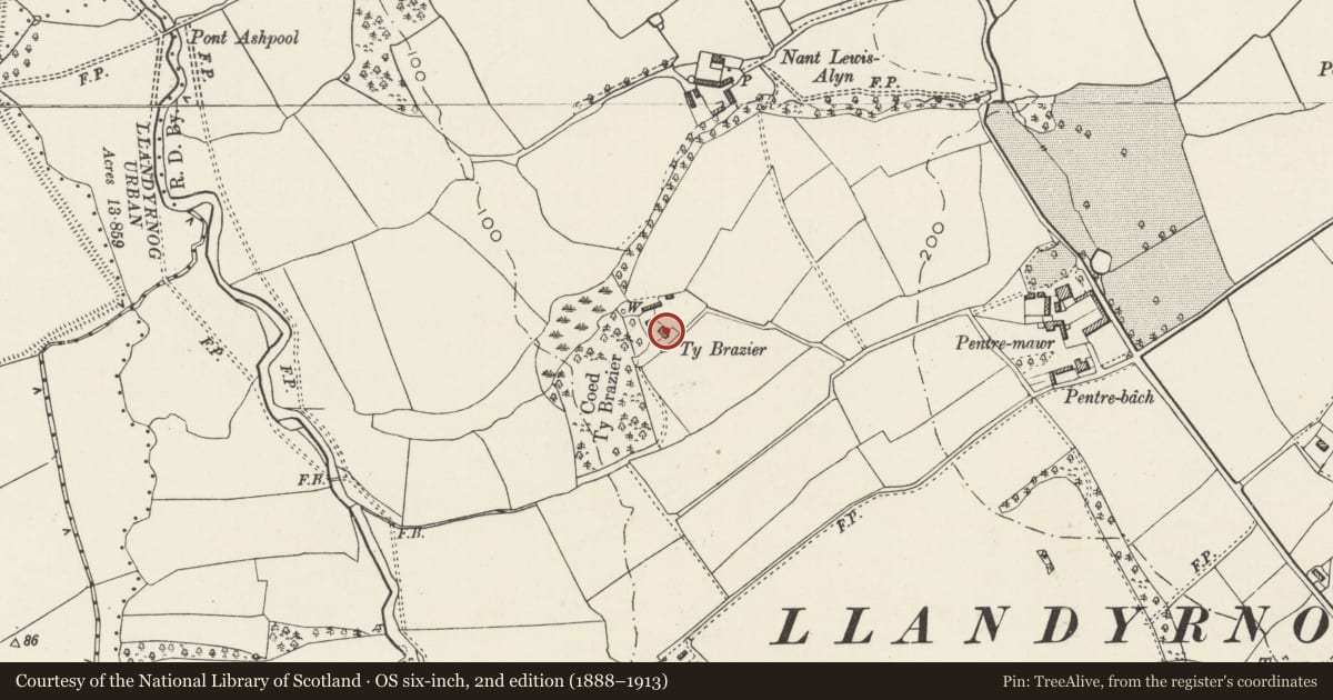 Ordnance Survey six-inch map, 2nd edition (1888–1913) covering the location of Ty Brazier, Llandyrnog, Denbighshire, with a pin at the register's coordinates