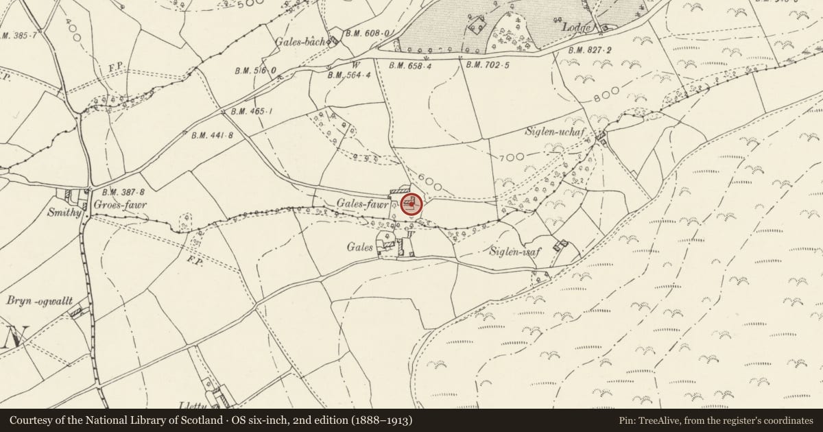 Ordnance Survey six-inch map, 2nd edition (1888–1913) covering the location of Gales-fawr Farmhouse and Attached Sheds, Llandyrnog, Denbighshire, with a pin at the register's coordinates