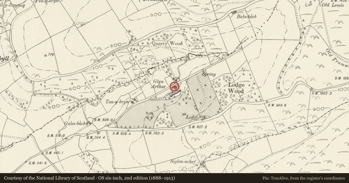 Ordnance Survey six-inch map, 2nd edition (1888–1913) covering the location of Dovecote at Glyn Arthur, Llandyrnog, Denbighshire, with a pin at the register's coordinates