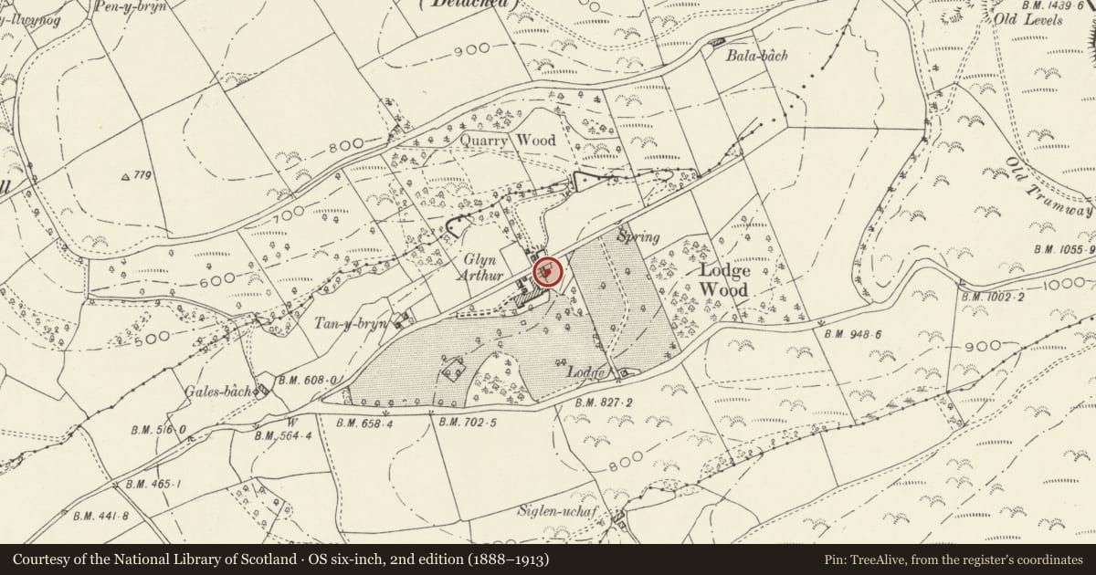Ordnance Survey six-inch map, 2nd edition (1888–1913) covering the location of Barn at Glyn Arthur, Llandyrnog, Denbighshire, with a pin at the register's coordinates