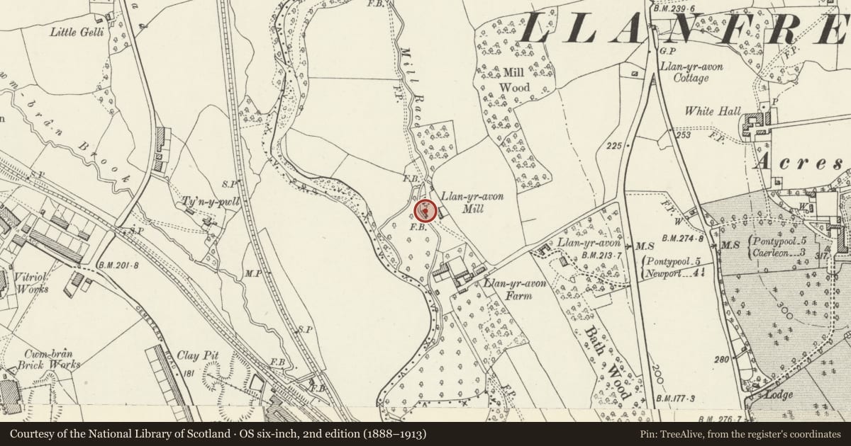 Ordnance Survey six-inch map, 2nd edition (1888–1913) covering the location of Llanyrafon Mill, Torfaen, with a pin at the register's coordinates