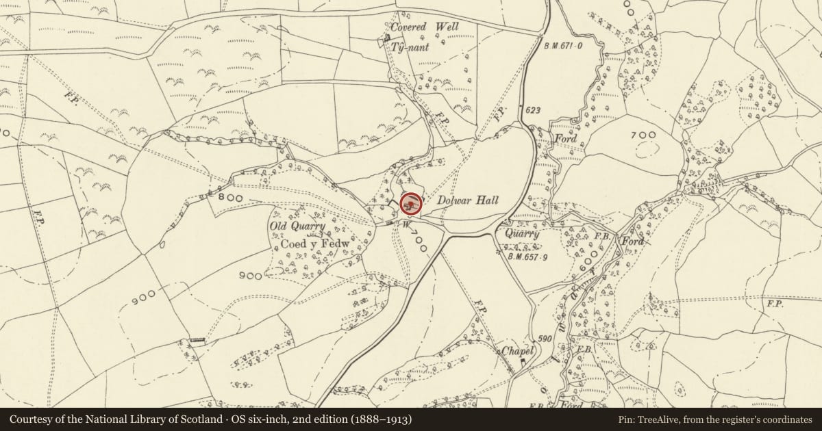 Ordnance Survey six-inch map, 2nd edition (1888–1913) covering the location of Dolwar Hall, Llanfihangel, Powys, with a pin at the register's coordinates