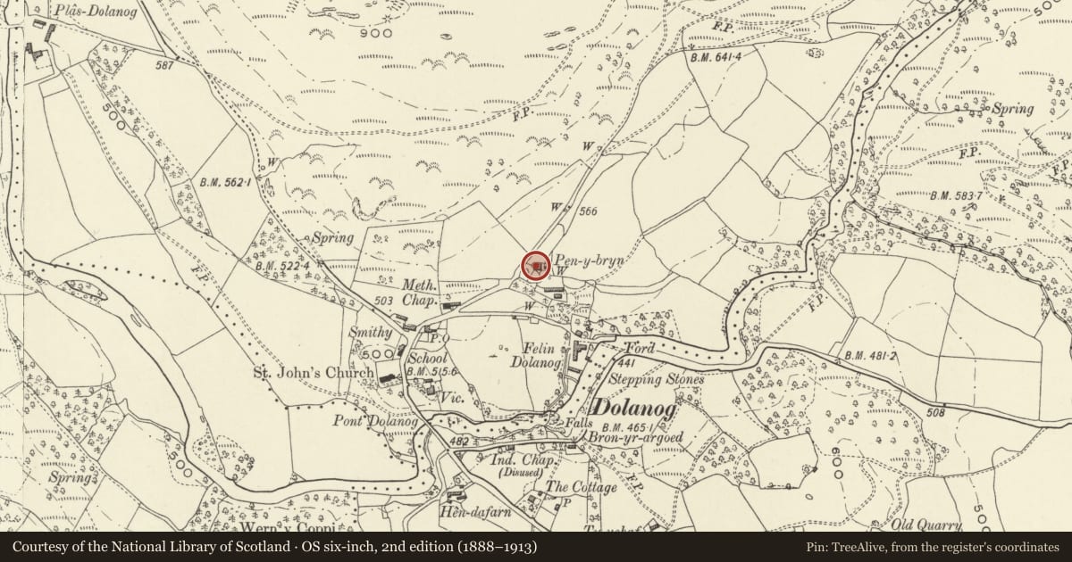 Ordnance Survey six-inch map, 2nd edition (1888–1913) covering the location of Pen-y-bryn Farmhouse, Llanfihangel, Powys, with a pin at the register's coordinates