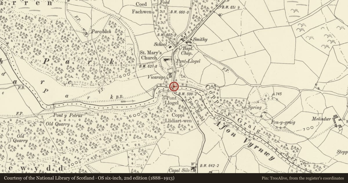 Ordnance Survey six-inch map, 2nd edition (1888–1913) covering the location of Pont Llogel, Llanfihangel, Powys, with a pin at the register's coordinates