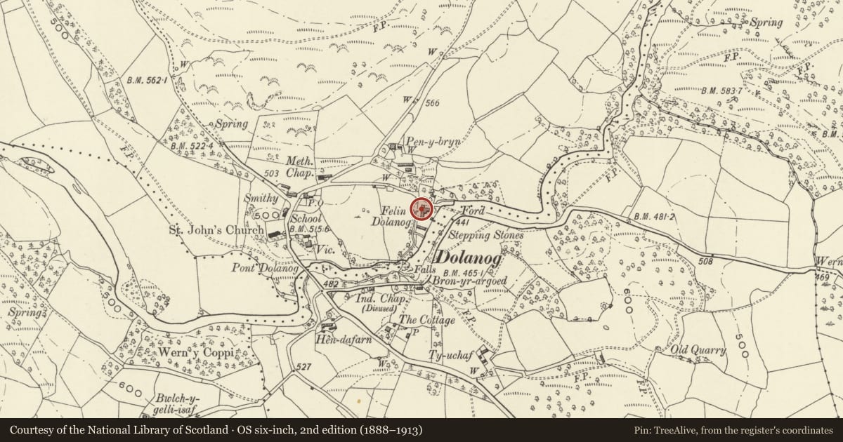 Ordnance Survey six-inch map, 2nd edition (1888–1913) covering the location of Mill Cottage including Old Corn Mill with Range to South and Sheds to East (Felin Dolonog), Llanfihangel, Powys, with a pin at the register's coordinates
