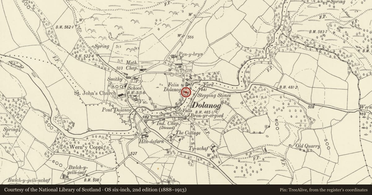 Ordnance Survey six-inch map, 2nd edition (1888–1913) covering the location of Cowhouse Range at Mill Farm (Felin Dolanog), Llanfihangel, Powys, with a pin at the register's coordinates