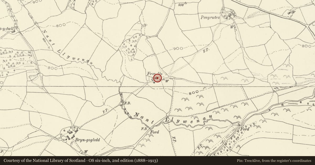 Ordnance Survey six-inch map, 2nd edition (1888–1913) covering the location of Fronlas, Llanfihangel, Powys, with a pin at the register's coordinates