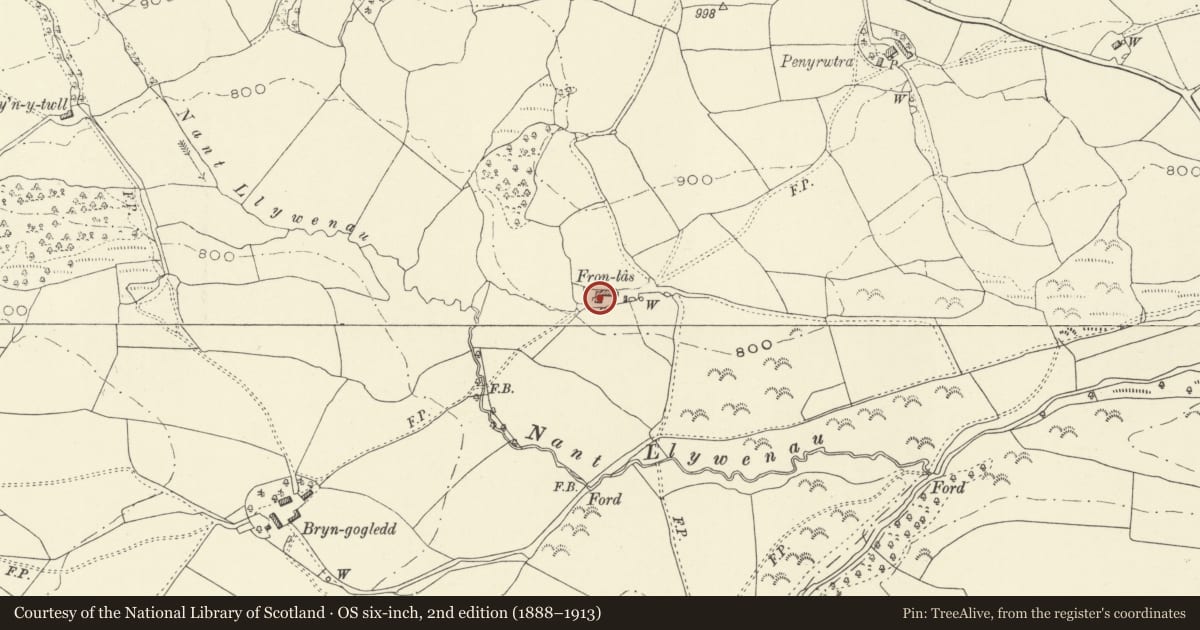 Ordnance Survey six-inch map, 2nd edition (1888–1913) covering the location of Fronlas Cowshed Range, Llanfihangel, Powys, with a pin at the register's coordinates