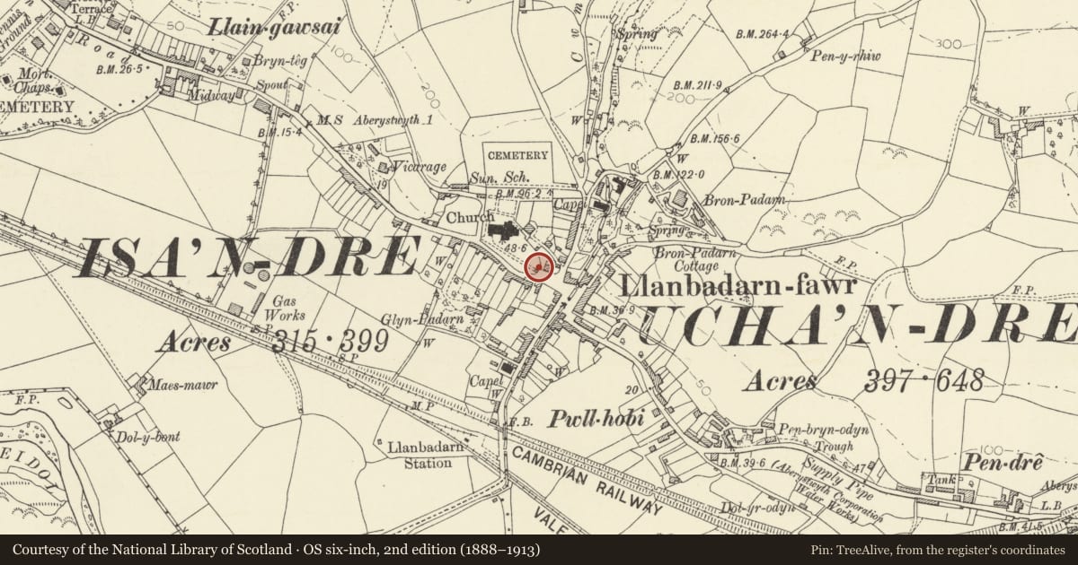 Ordnance Survey six-inch map, 2nd edition (1888–1913) covering the location of Lychgate to SE of Church of St Padarn, Llanbadarn Fawr, Ceredigion, with a pin at the register's coordinates