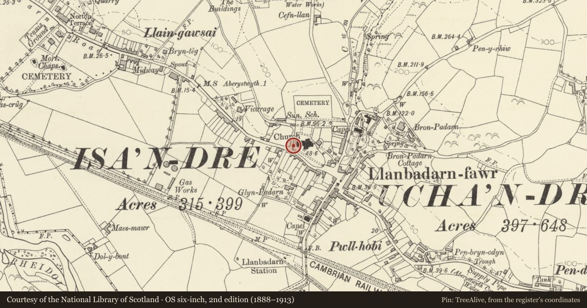 Ordnance Survey six-inch map, 2nd edition (1888–1913) covering the location of Churchyard gate to SW of Church of St Padarn, Llanbadarn Fawr, Ceredigion, with a pin at the register's coordinates