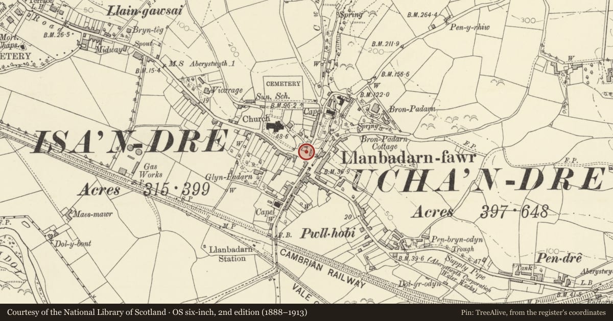 Ordnance Survey six-inch map, 2nd edition (1888–1913) covering the location of Y Garreg Fawr, Llanbadarn Fawr, Ceredigion, with a pin at the register's coordinates