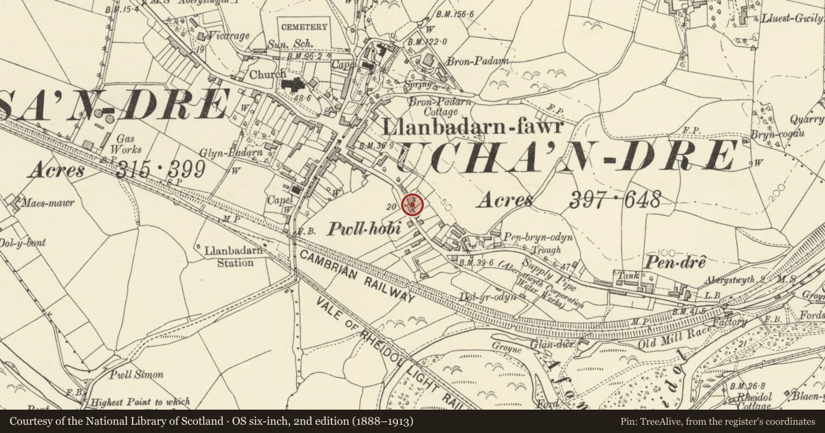Ordnance Survey six-inch map, 2nd edition (1888–1913) covering the location of Pwllhobi House, Llanbadarn Fawr, Ceredigion, with a pin at the register's coordinates