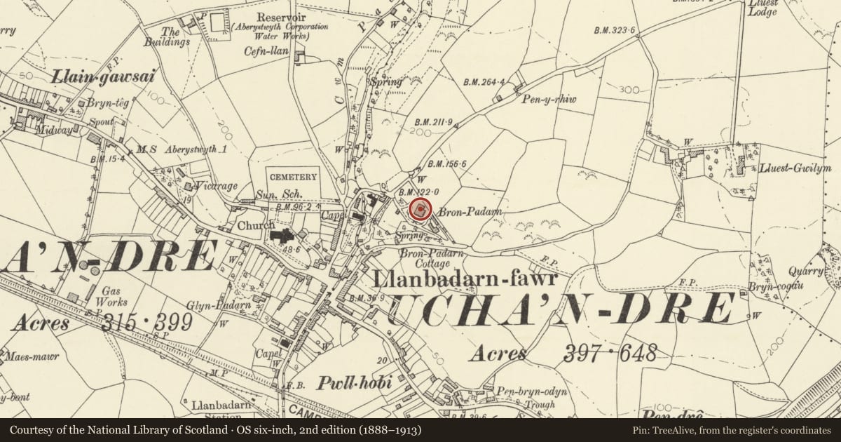Ordnance Survey six-inch map, 2nd edition (1888–1913) covering the location of Bronpadarn, Llanbadarn Fawr, Ceredigion, with a pin at the register's coordinates
