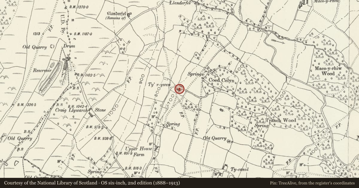 Ordnance Survey six-inch map, 2nd edition (1888–1913) covering the location of Ty'r Ywen Farmhouse, Fairwater, Torfaen, with a pin at the register's coordinates