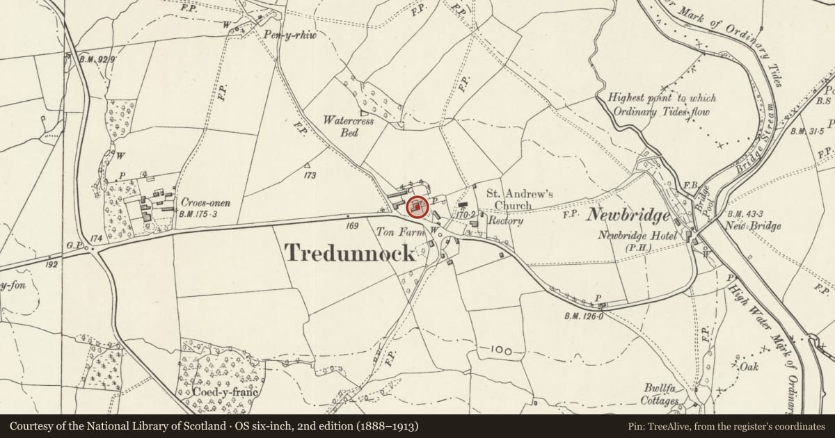 Ordnance Survey six-inch map, 2nd edition (1888–1913) covering the location of Ton Farmhouse, Llangybi, Monmouthshire, with a pin at the register's coordinates