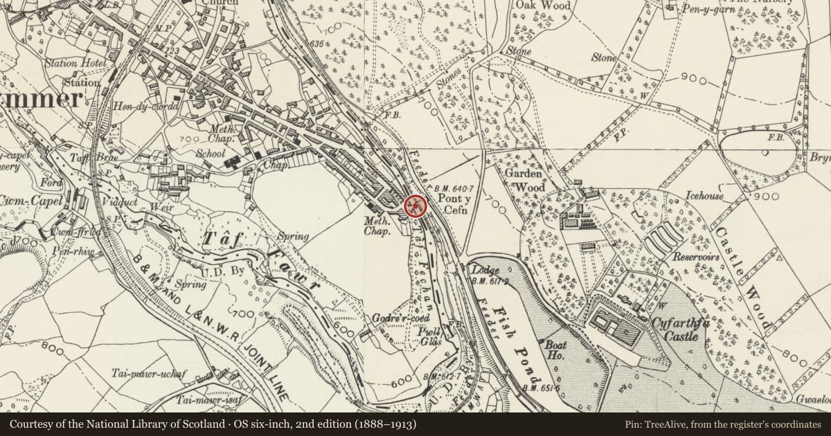 Ordnance Survey six-inch map, 2nd edition (1888–1913) covering the location of Old Cefn Bridge, Vaynor, Merthyr Tydfil, with a pin at the register's coordinates