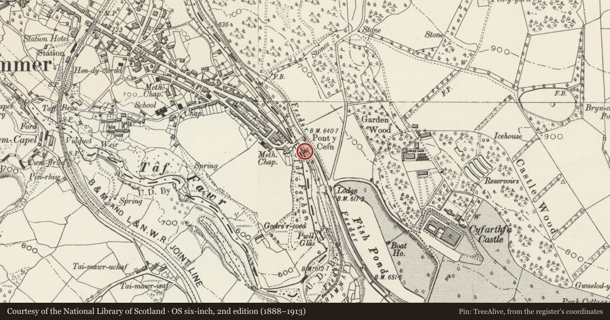 Ordnance Survey six-inch map, 2nd edition (1888–1913) covering the location of Pont y Cefn, Gurnos, Merthyr Tydfil, with a pin at the register's coordinates