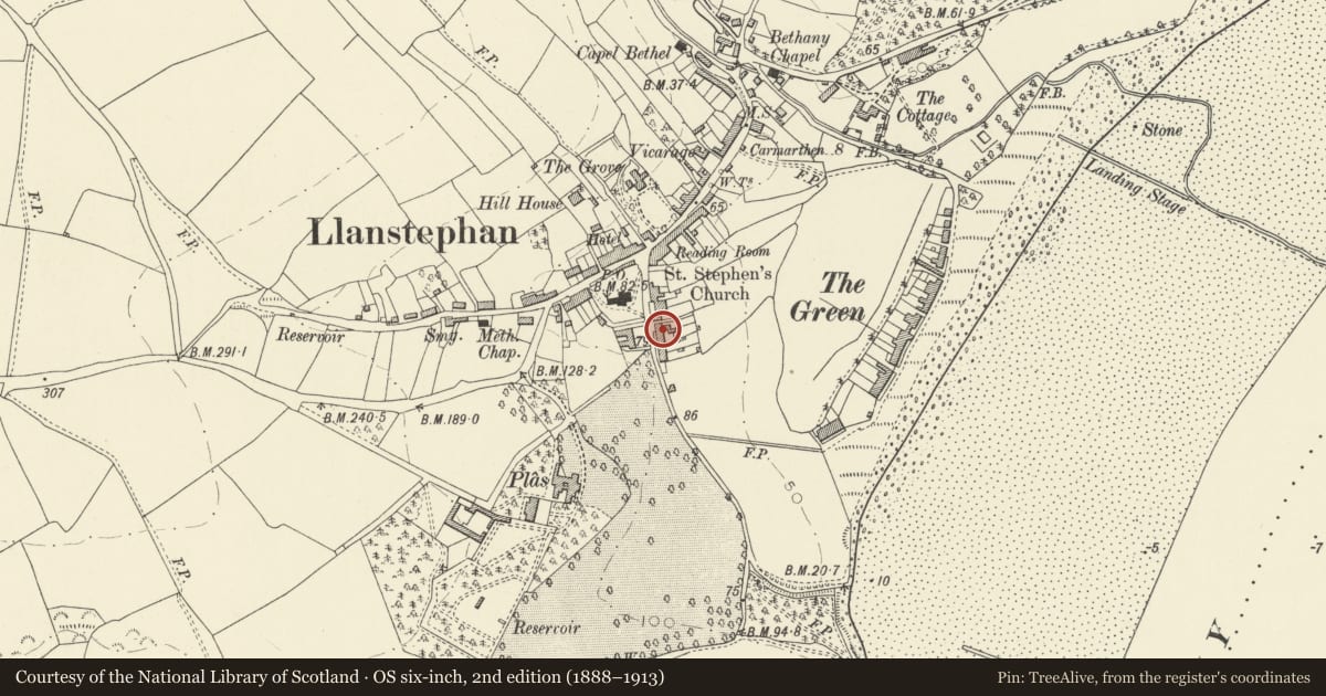 Ordnance Survey six-inch map, 2nd edition (1888–1913) covering the location of Cyncoed, including area railings, Llansteffan, Carmarthenshire, with a pin at the register's coordinates