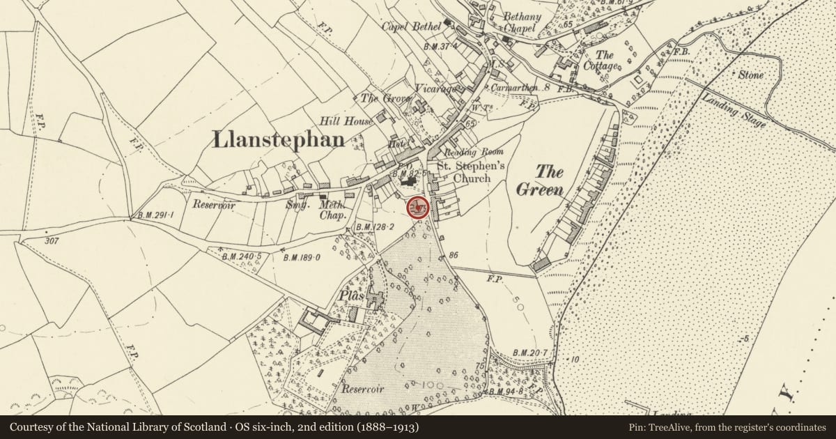 Ordnance Survey six-inch map, 2nd edition (1888–1913) covering the location of Plas-y-Coed, Llansteffan, Carmarthenshire, with a pin at the register's coordinates