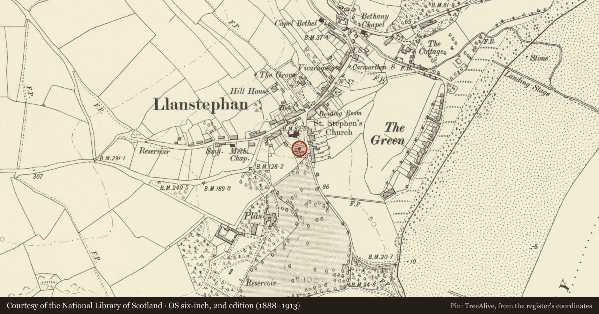 Ordnance Survey six-inch map, 2nd edition (1888–1913) covering the location of Park Villa, Llansteffan, Carmarthenshire, with a pin at the register's coordinates