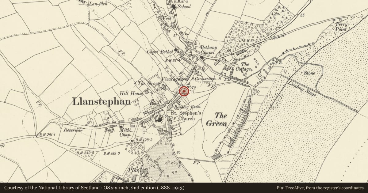 Ordnance Survey six-inch map, 2nd edition (1888–1913) covering the location of Nolands, including forecourt railings, Llansteffan, Carmarthenshire, with a pin at the register's coordinates