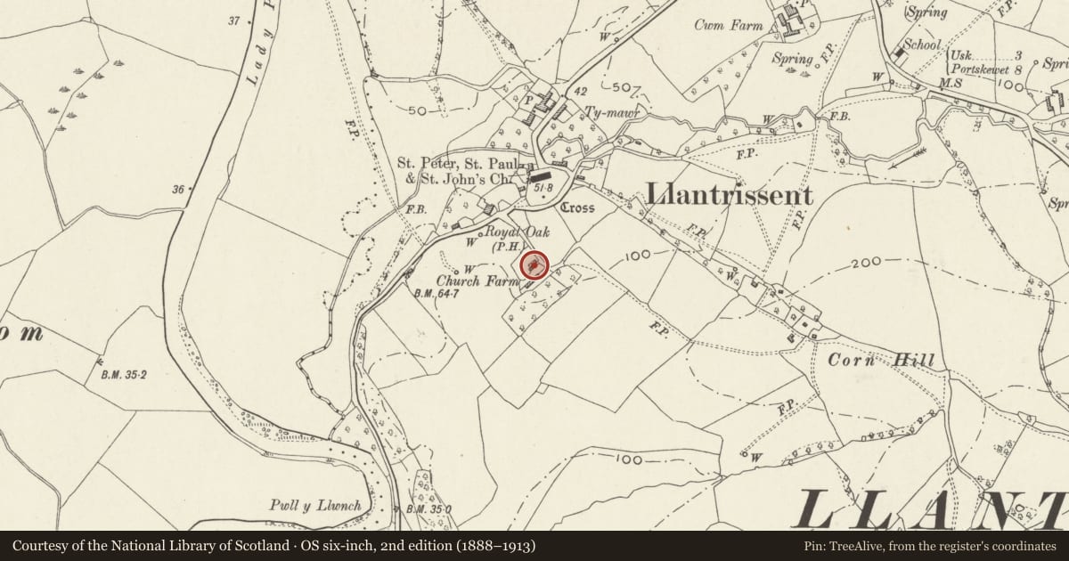 Ordnance Survey six-inch map, 2nd edition (1888–1913) covering the location of Church Farmhouse, Llantrisant Fawr, Monmouthshire, with a pin at the register's coordinates
