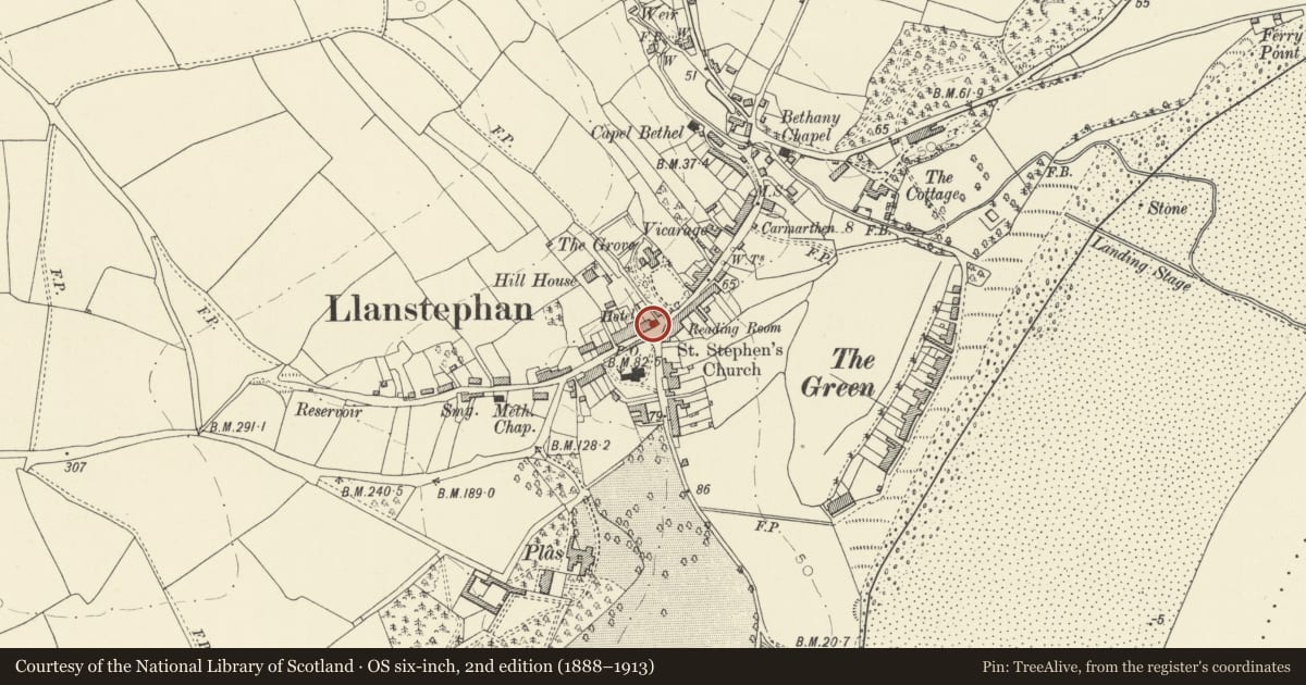 Ordnance Survey six-inch map, 2nd edition (1888–1913) covering the location of The Sticks Hotel, Llansteffan, Carmarthenshire, with a pin at the register's coordinates
