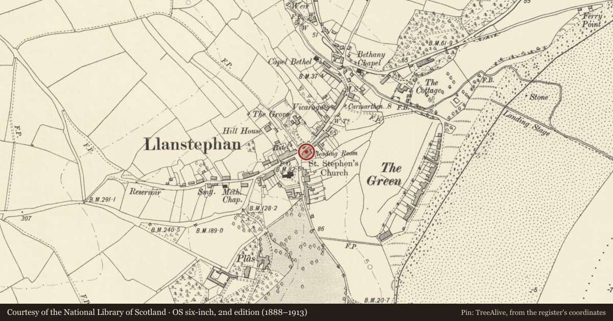 Ordnance Survey six-inch map, 2nd edition (1888–1913) covering the location of The Stores, Llansteffan, Carmarthenshire, with a pin at the register's coordinates